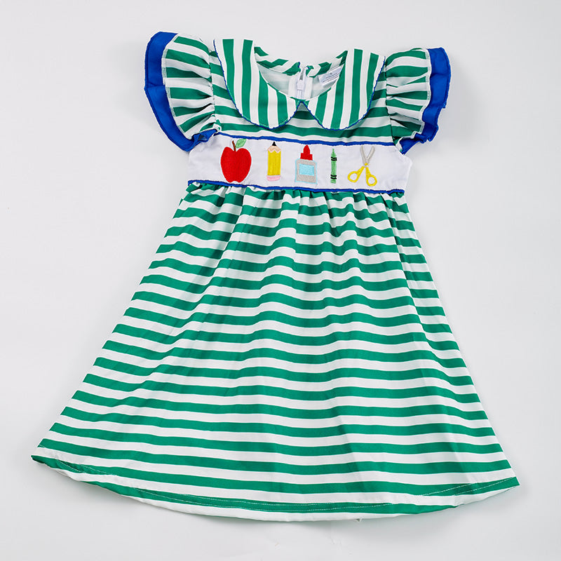 (In Stock E11-01-01)Girl's Stationery Embroidery Stripe Dress