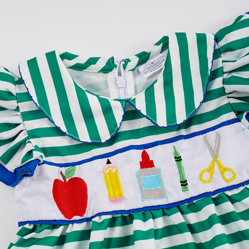 (In Stock E11-01-01)Girl's Stationery Embroidery Stripe Dress