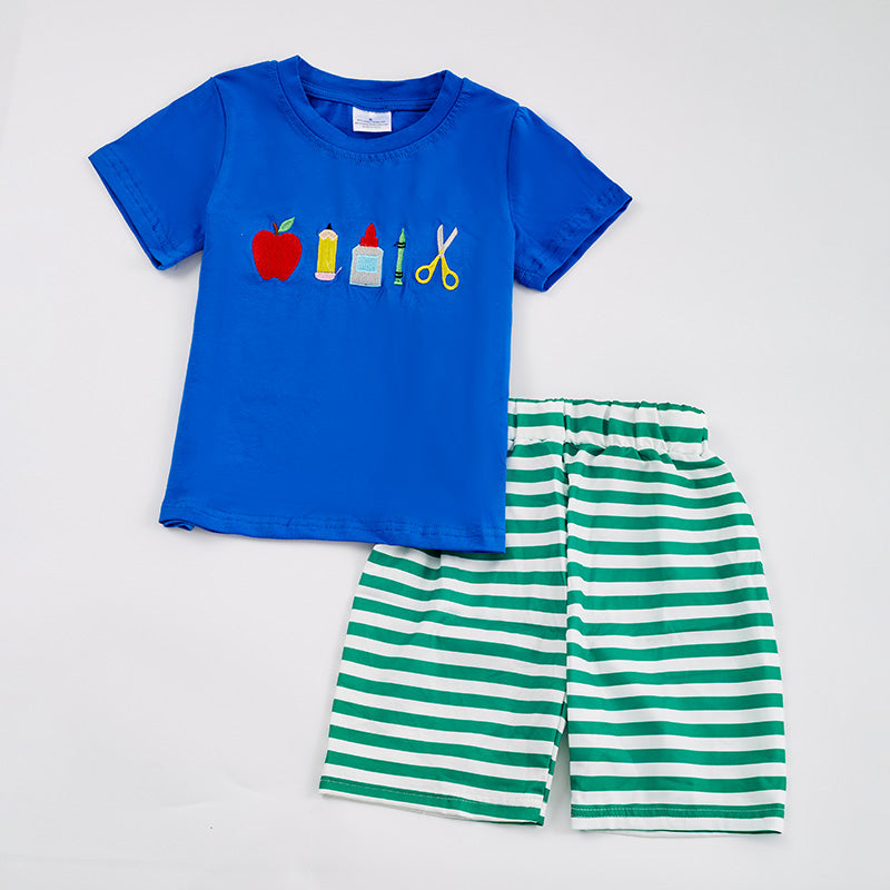 (In Stock E10-02-01)Boy's Stationery Embroidery Shorts Set