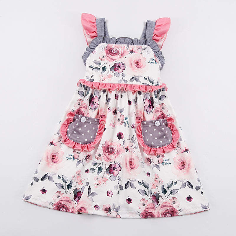 Girls Grey Floral Pocket Sleeveless Dress