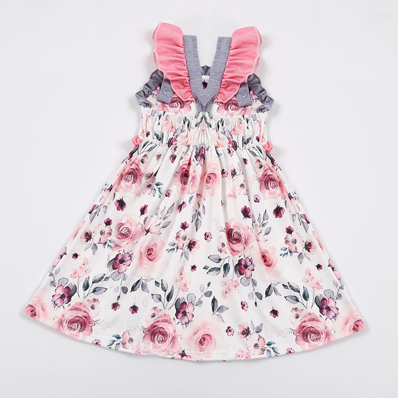 Girls Grey Floral Pocket Sleeveless Dress