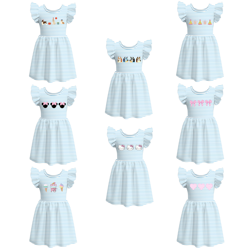 （Pre Order）Girls Blue Stripe Embroidery Dress