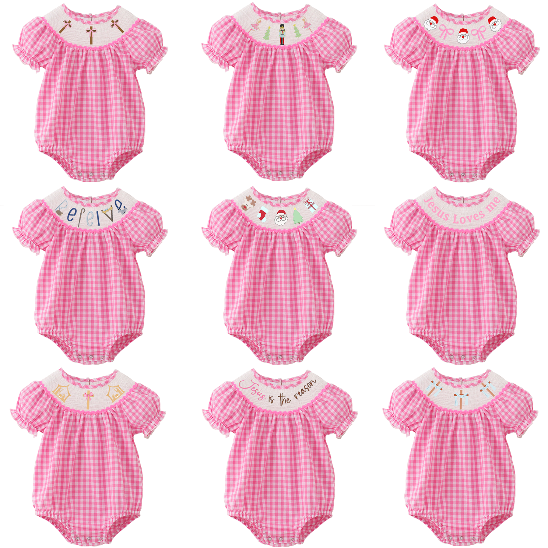 （Pre Order）Baby Girls Pink Plaid Christmas Embroidery Smocked Romper