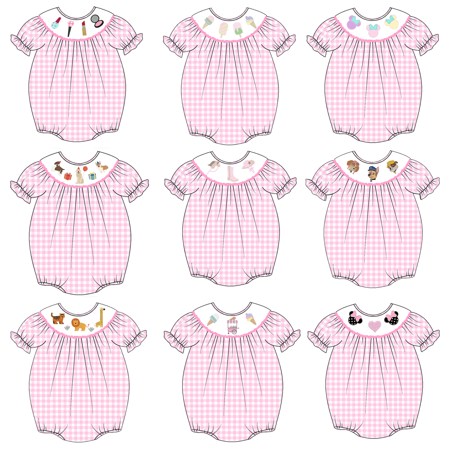 （Pre Order）Baby Girls Pink Plaid Embroidery Bubbles Smocked Romper