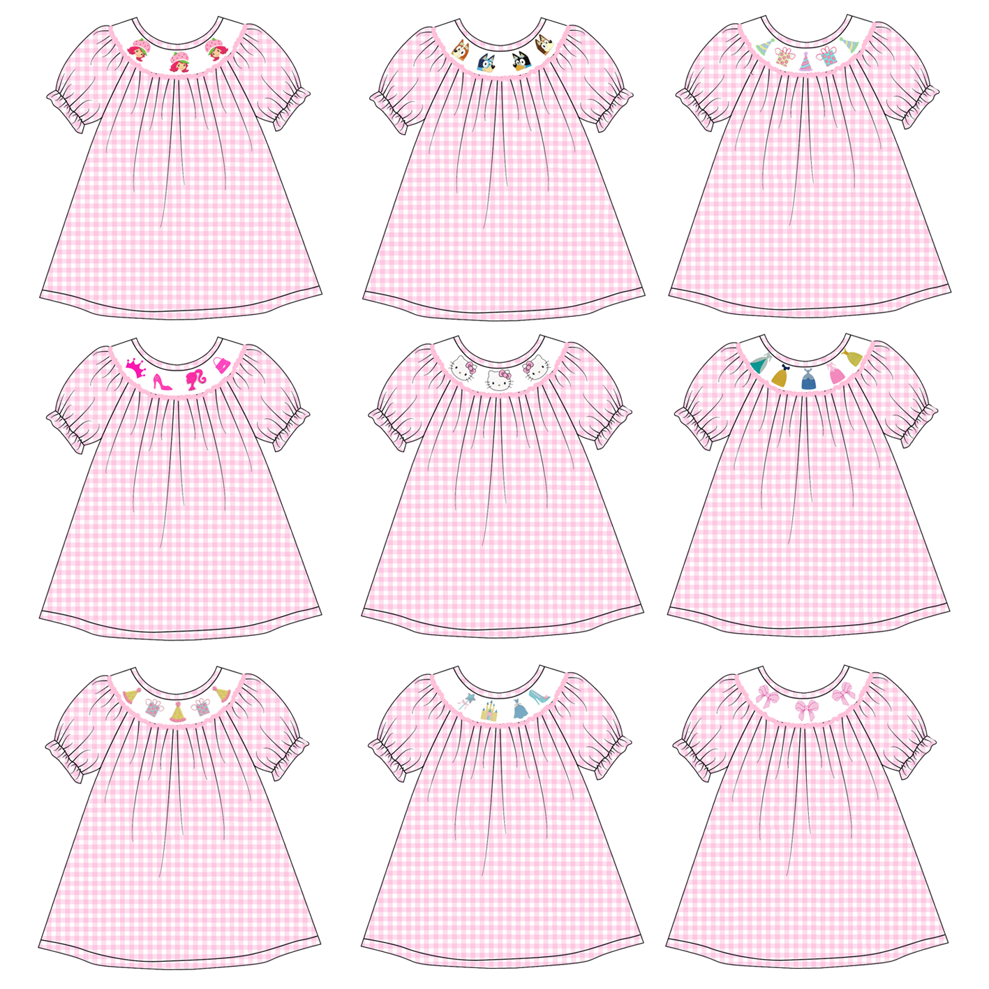 （Pre Order）Girls Pink Plaid Embroidery Bubbles Smocked Dress