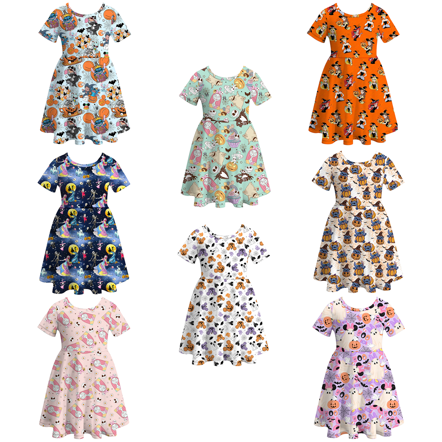 （Pre Order）Girls Halloween Cartoon Print Twirl Dress