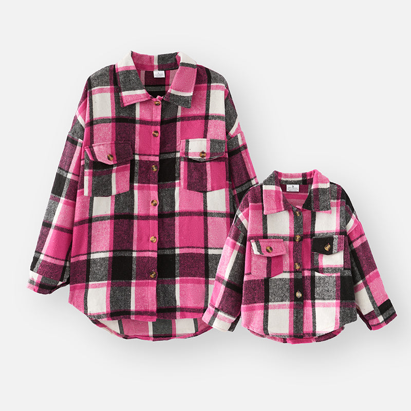 （In Stock L19-2-1 L18-1-2）Mommy and Me Fall Hot Pink Plaid Shirt