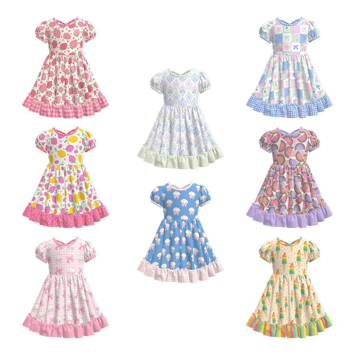 （Pre Order）Girls Spring and Summer Fruit＆Bow Print Dress