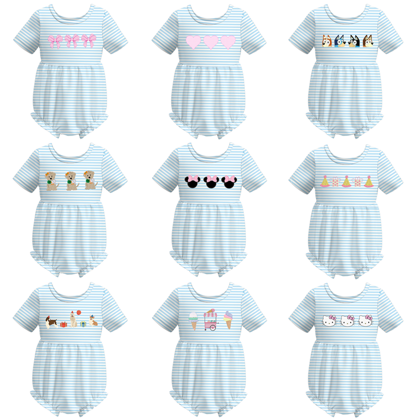 （Pre Order）Baby Girls Blue Stripe Embroidery Romper