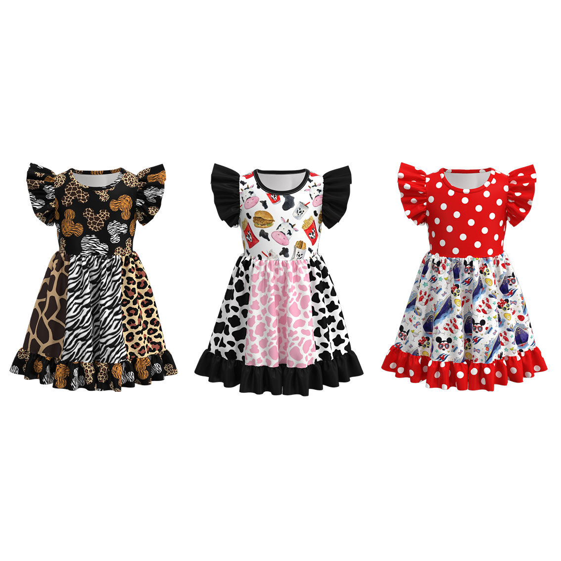 （Pre Order）Girls Cow Leopard Polka Dot Print Dress