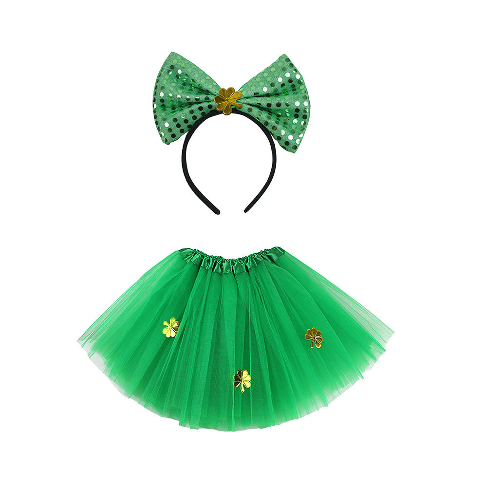 （Pre Order）Girls St.Patrick's Day Shamrock Bow Headband and Triple Tulle Skirt