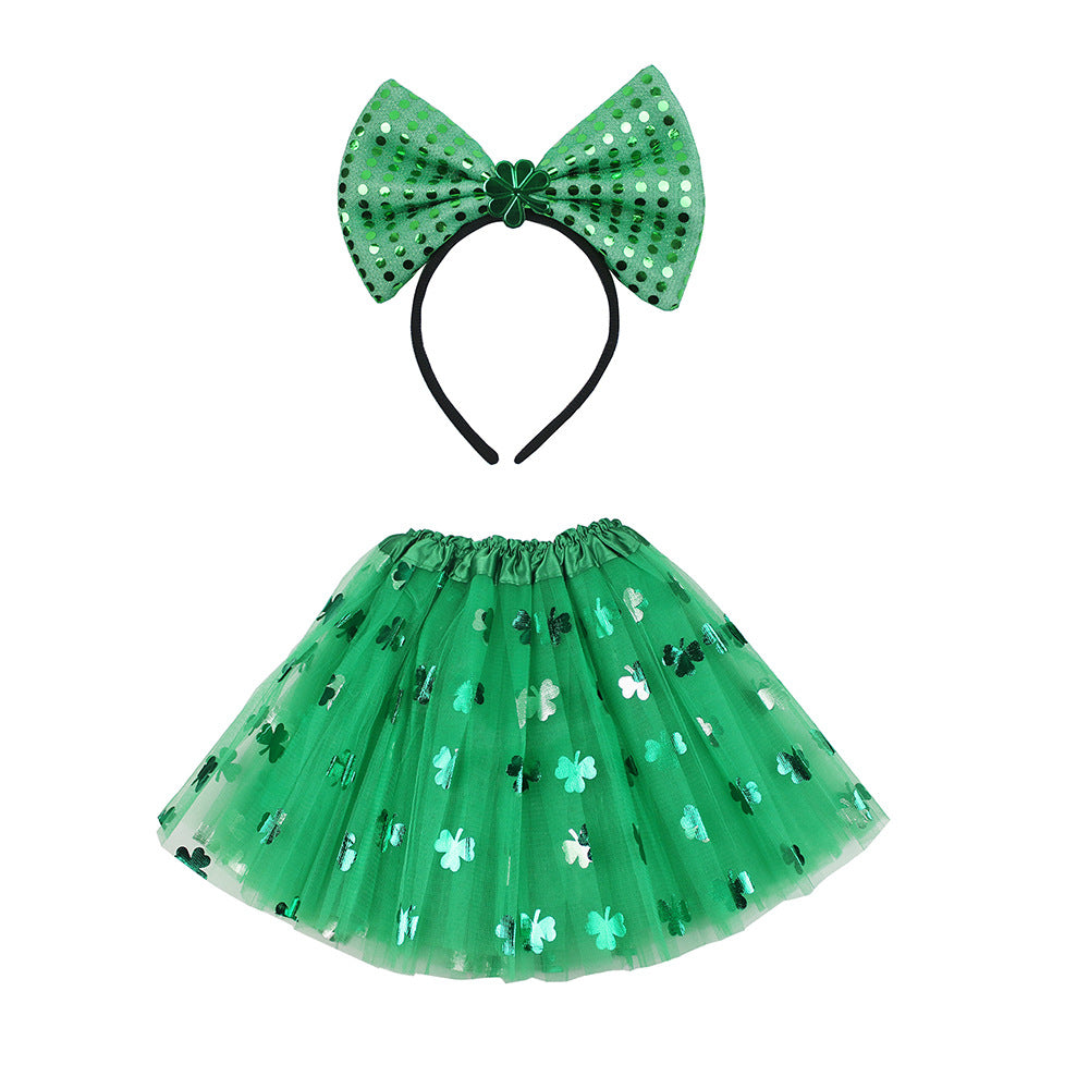 （Pre Order）Girls St.Patrick's Day Shamrock Bow Headband and Triple Tulle Skirt