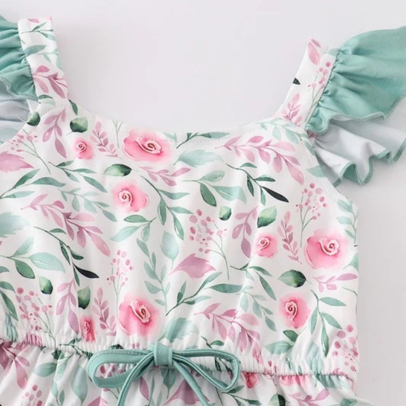 （In Stock E16-3-3）Girls Mint Floral Jumpsuit