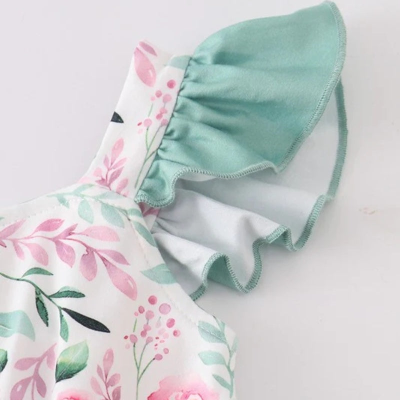 （In Stock E16-3-3）Girls Mint Floral Jumpsuit