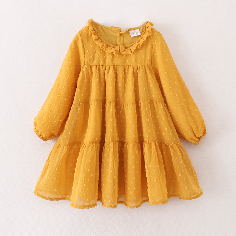 （In Stock E21-1-3）Fall Girls Yellow Swiss Dot Dress