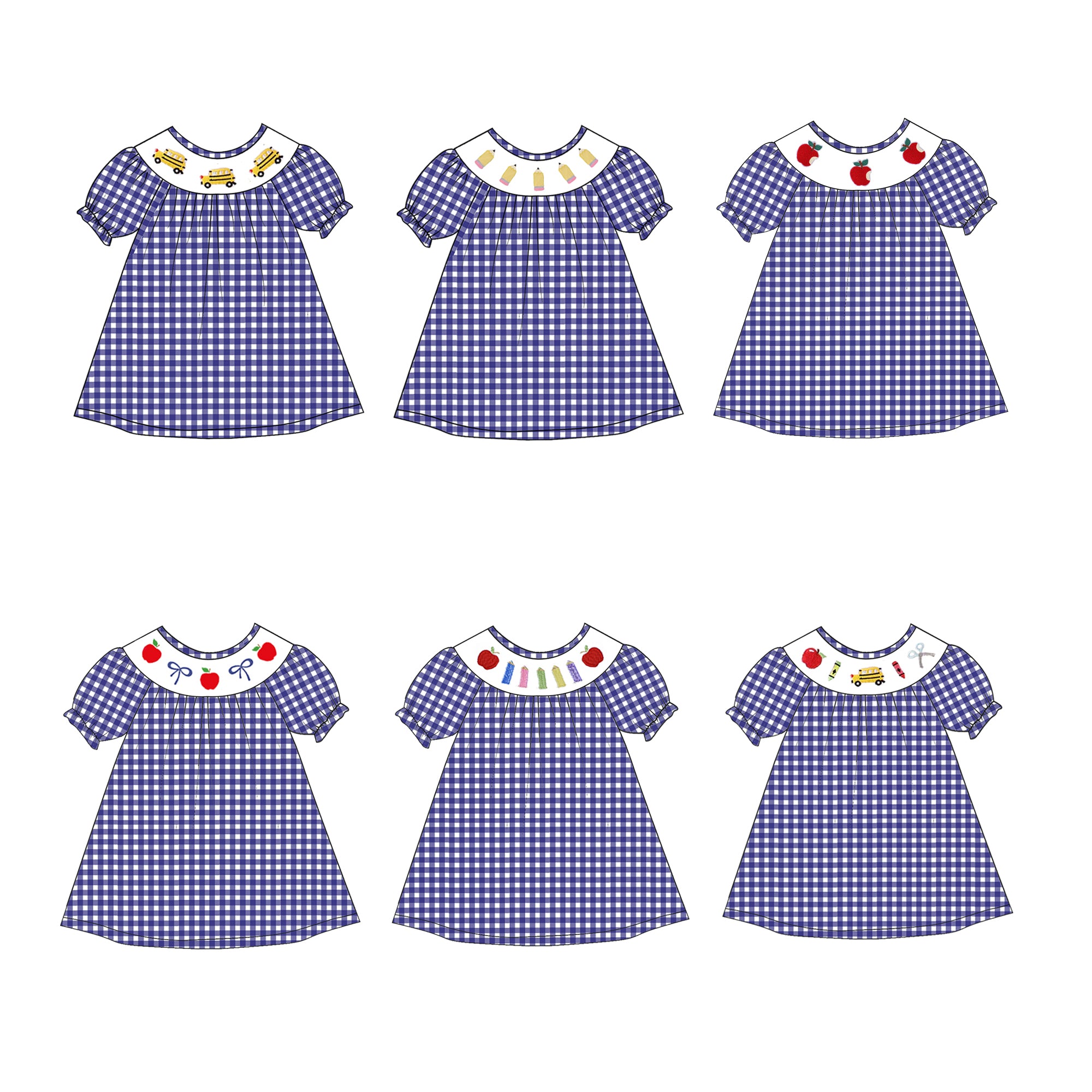 （Pre Order）Girls Blue Plaid Back To School Embroidery Smocked Dress