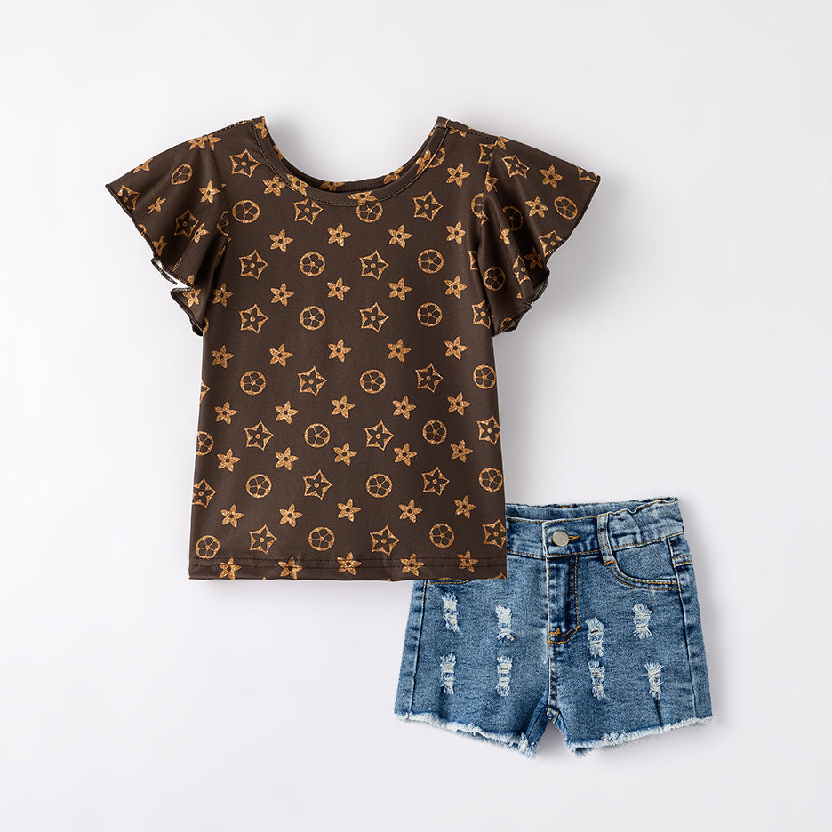 （In Stock）Girls Spring and Summer Stylish Print Denim Shorts Set