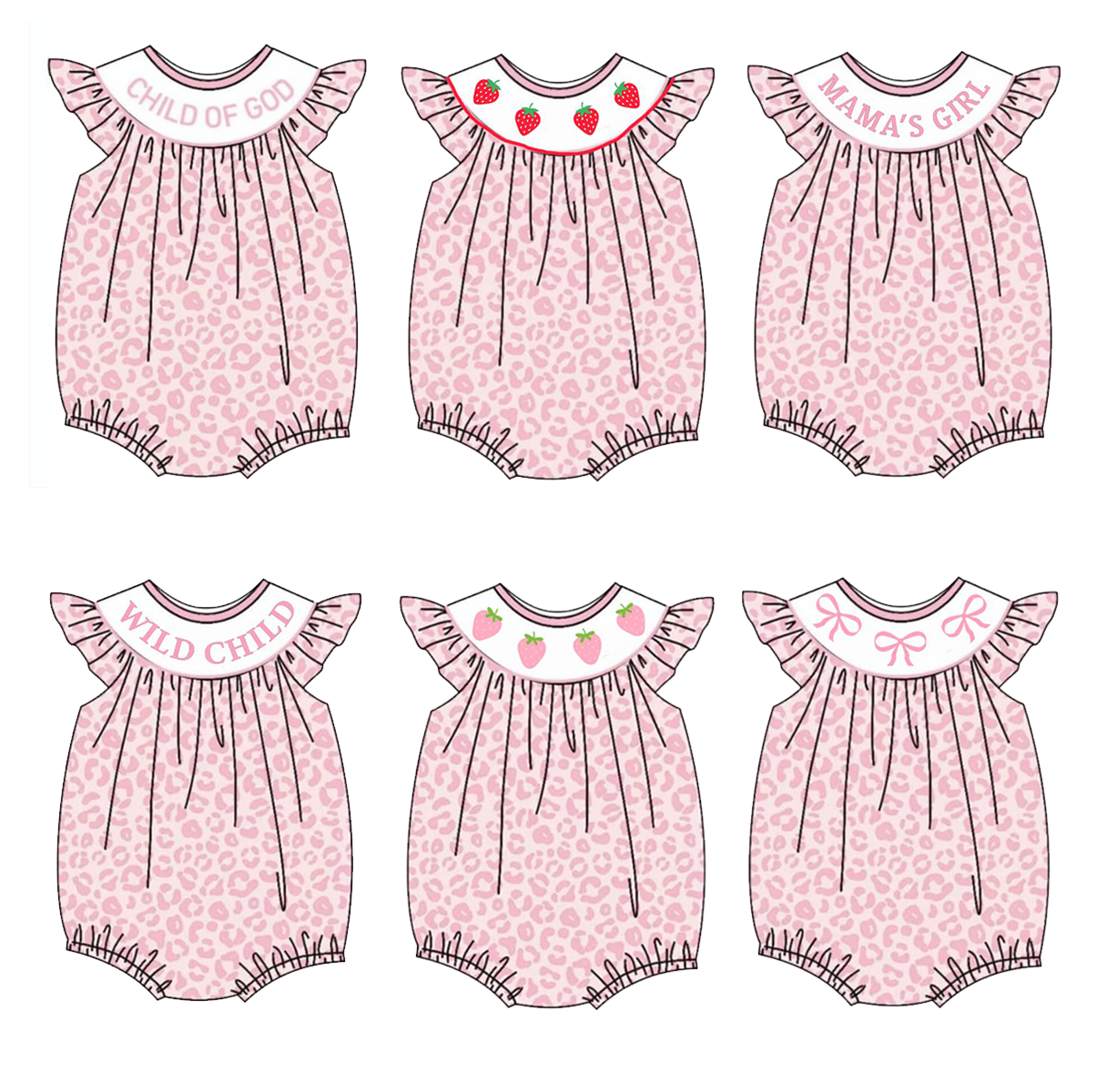 (Pre Order) Girls Summer Strawberry Pink Leopard Smocked Embroided Romper