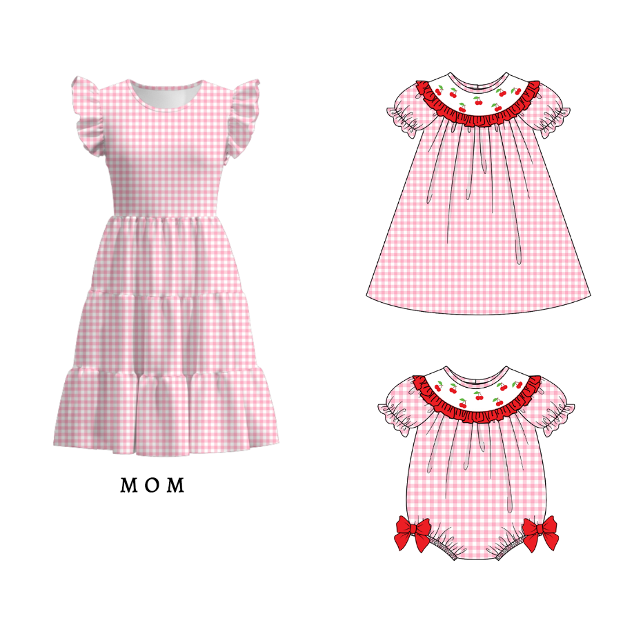 （Pre Order）Mommy and Me Spring＆Summer Cherry Embroidery Smocked Dress,Romper