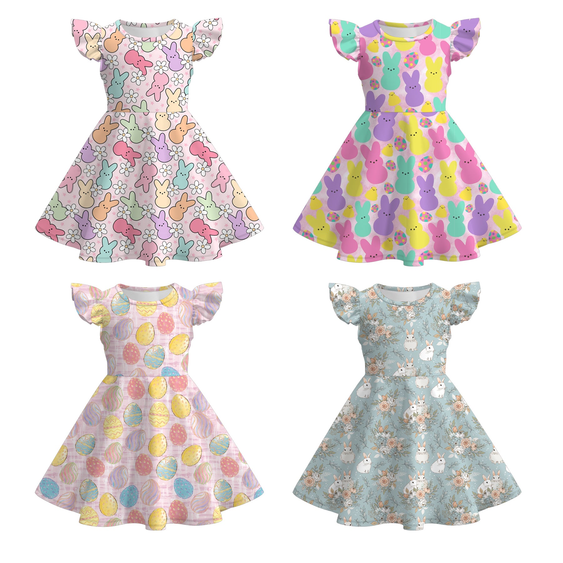 （Pre Order）Girls Easter Bunny Print Flying Sleeves Dress