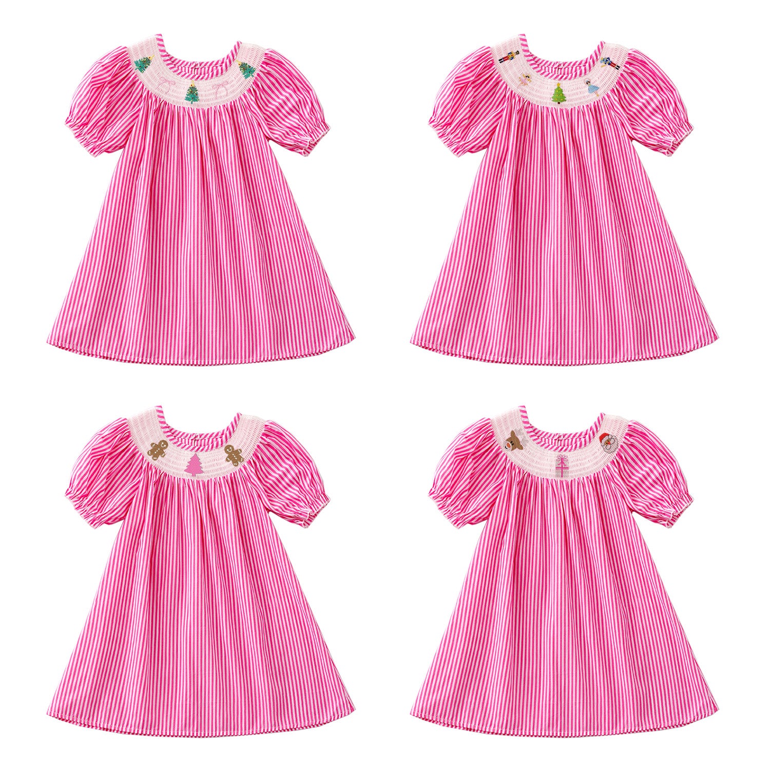 （Pre Order）Girls Pink Stripe Christmas Embroidery Smocked Dress