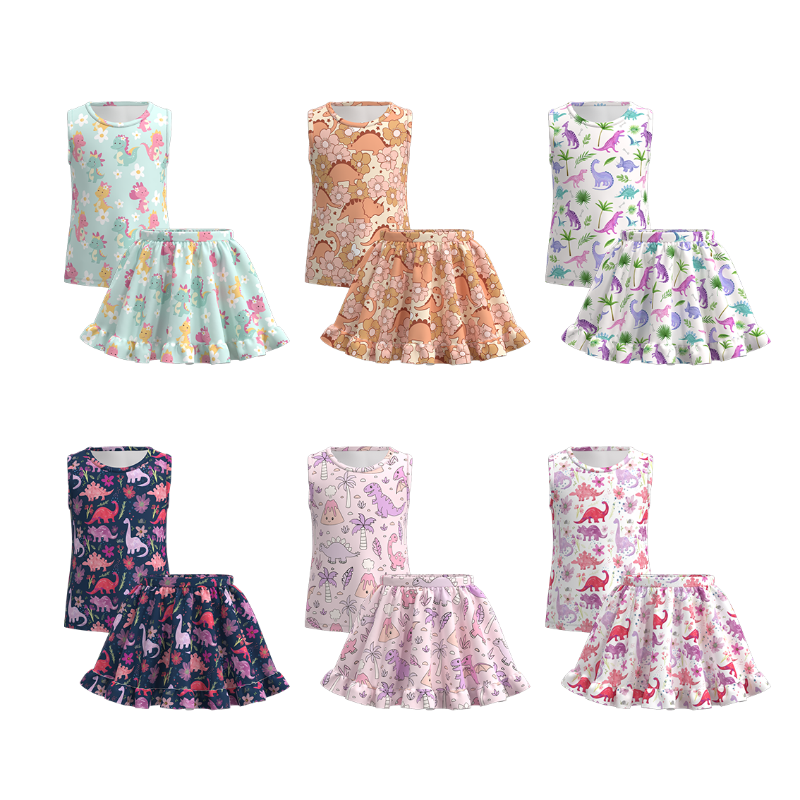 （Pre Order）Girls Summer Dinosaurs Print Skirt Set