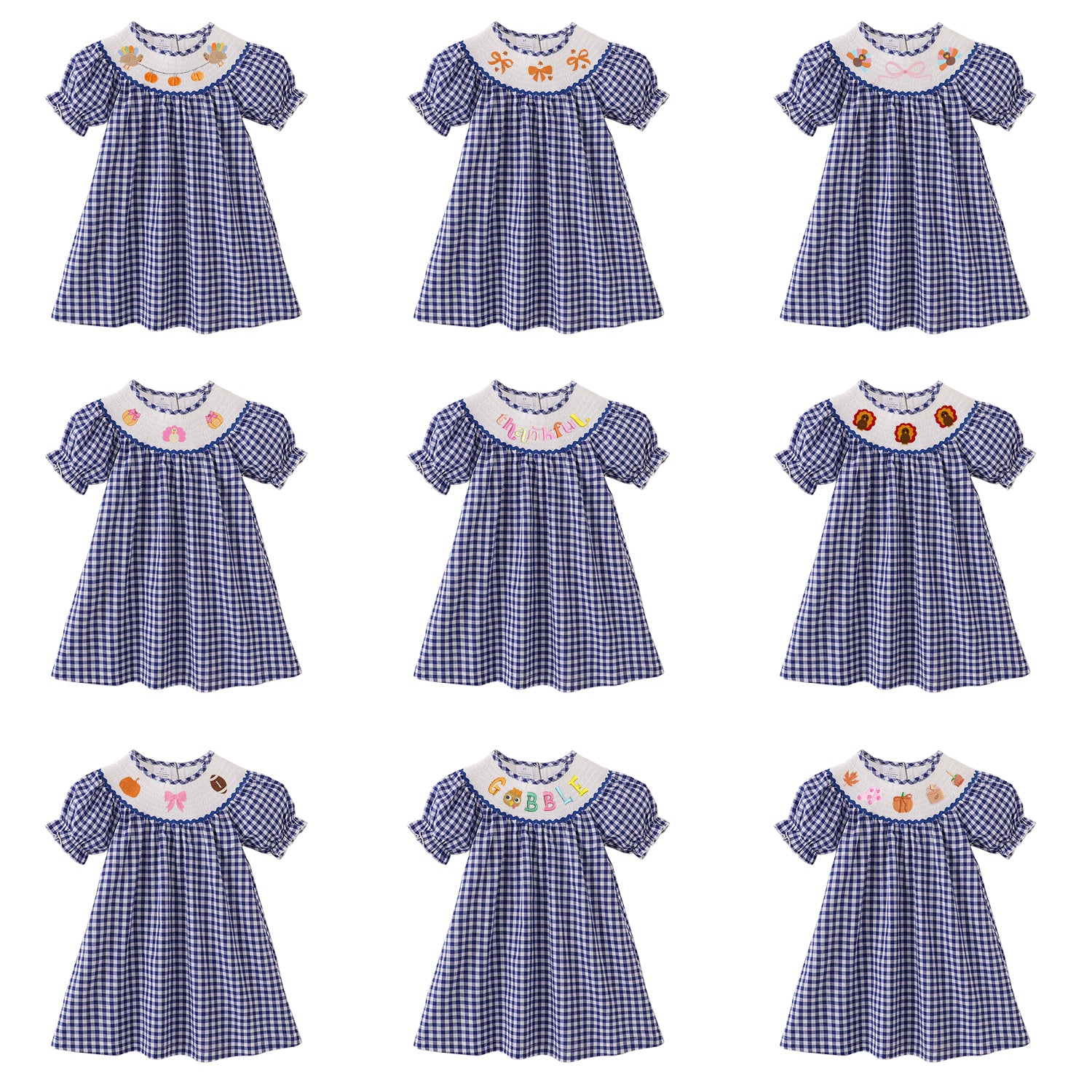 （Pre Order）Girls Blue Plaid Thanksgiving Embroidery Smocked Dress