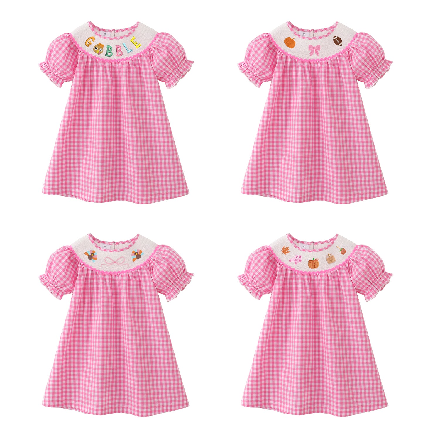 （Pre Order）Girls Pink Plaid Thanksgiving Embroidery Smocked Dress