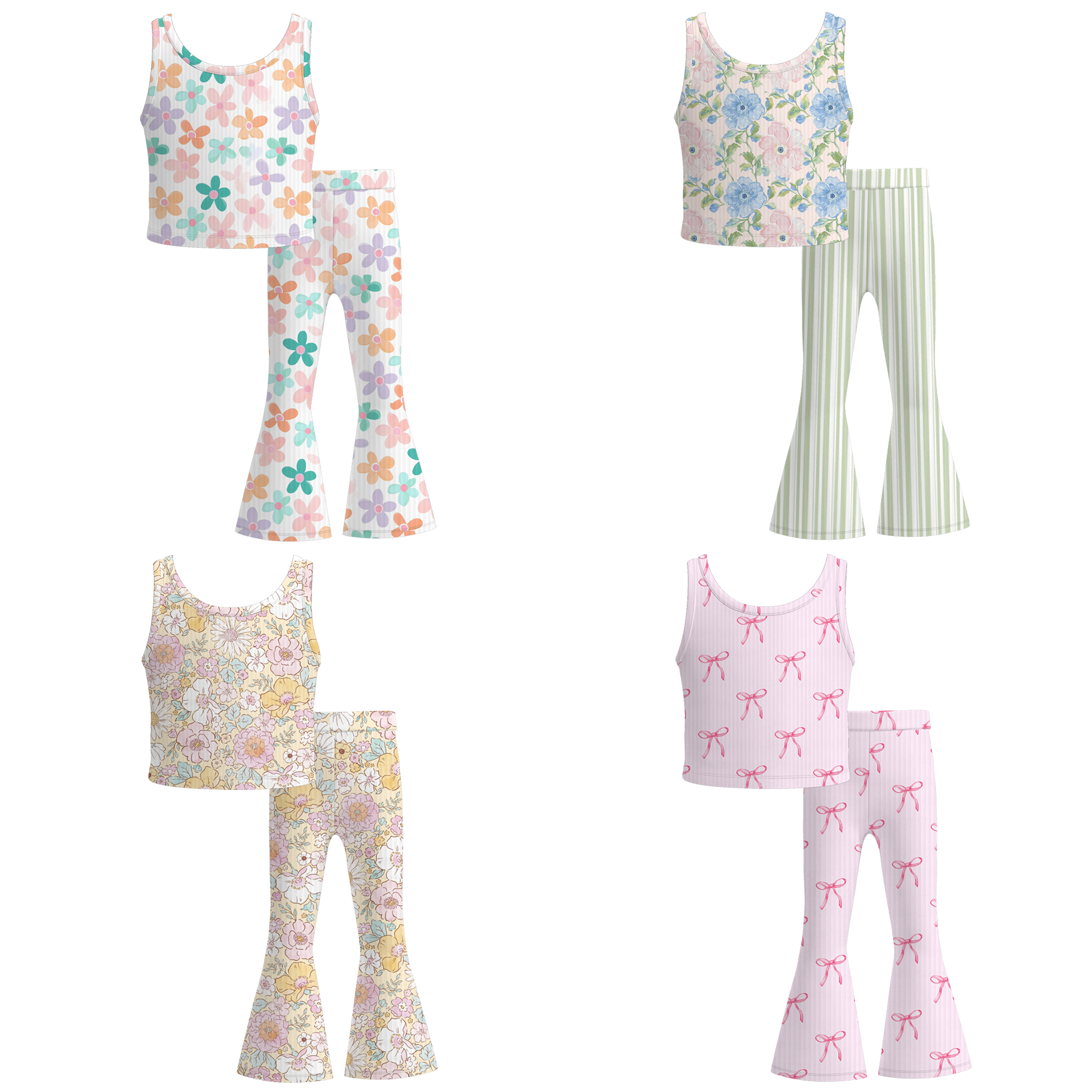 （Pre Order）Girls Spring and Summer Bow＆Floral Print Twill Outfit Set