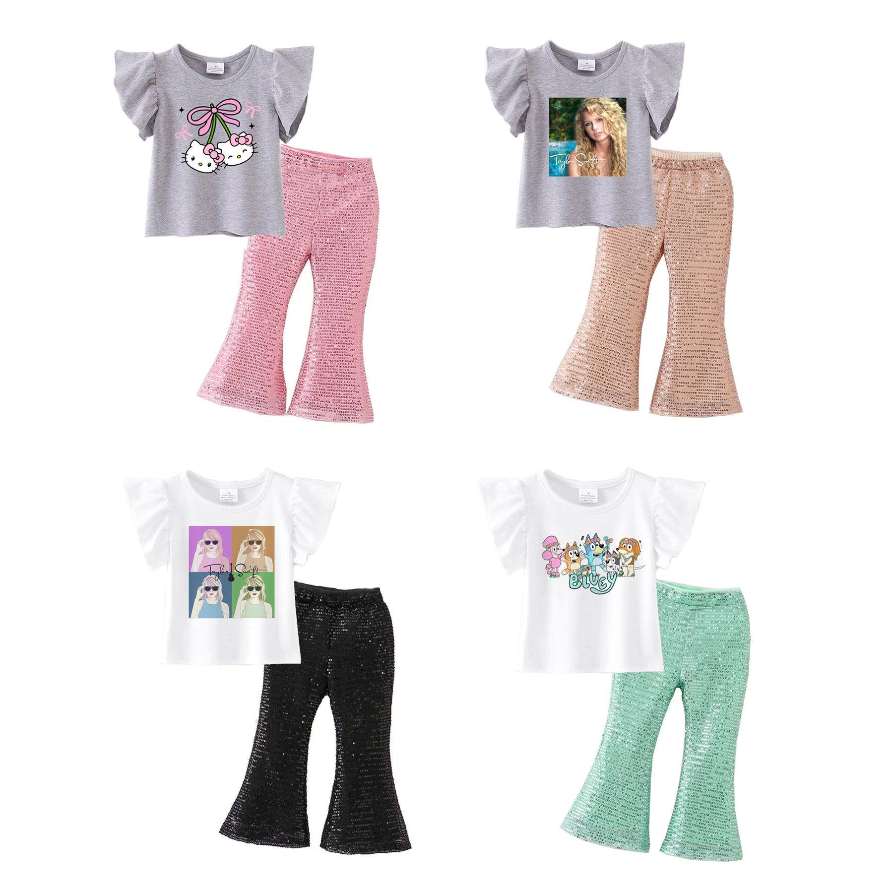 （Pre Order）Girls Cotton Print Top Sequins Flare Pant Set