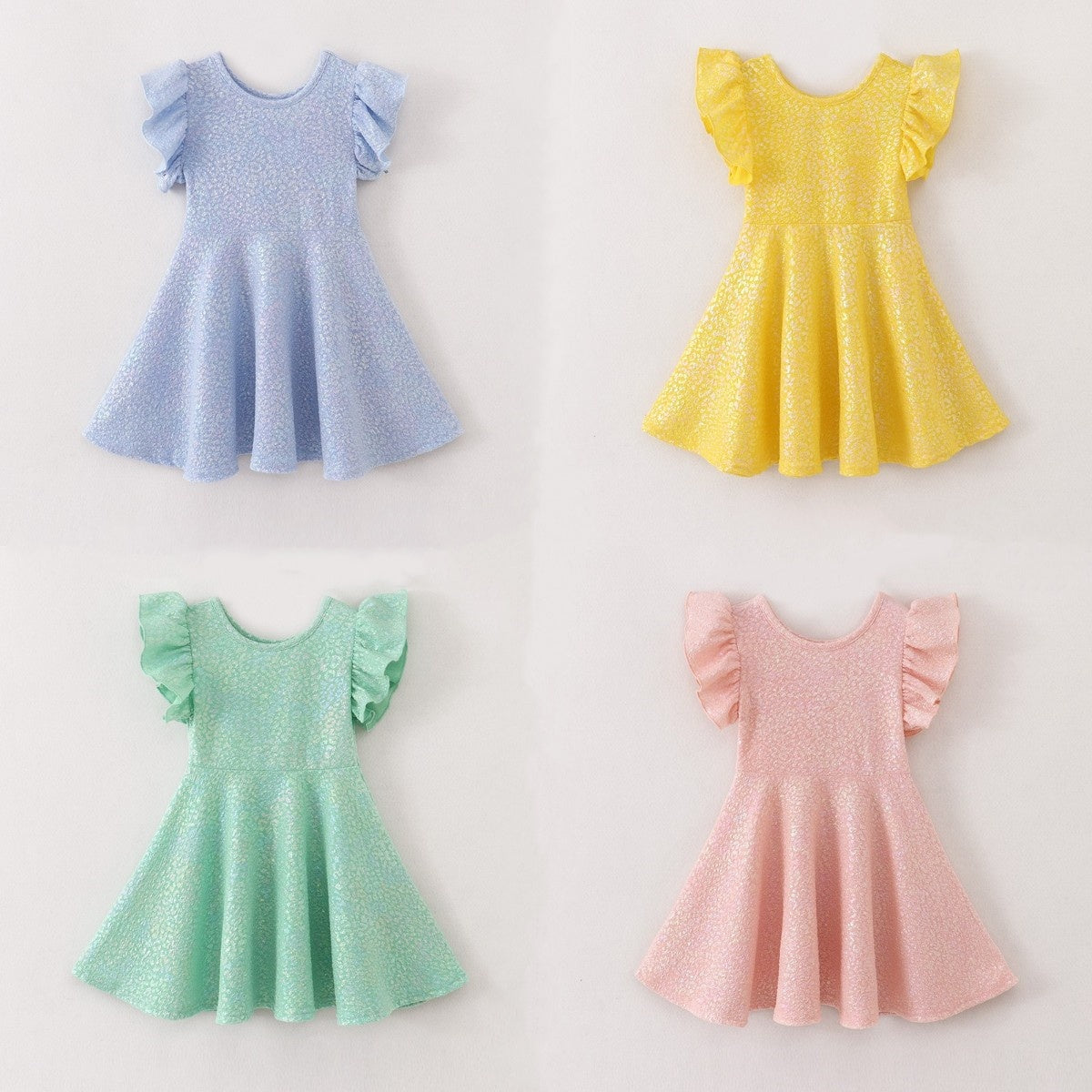 Girls Solid Ruffle Sleeve Embossed Bubble Cloth with Gold Foil Printing Dress