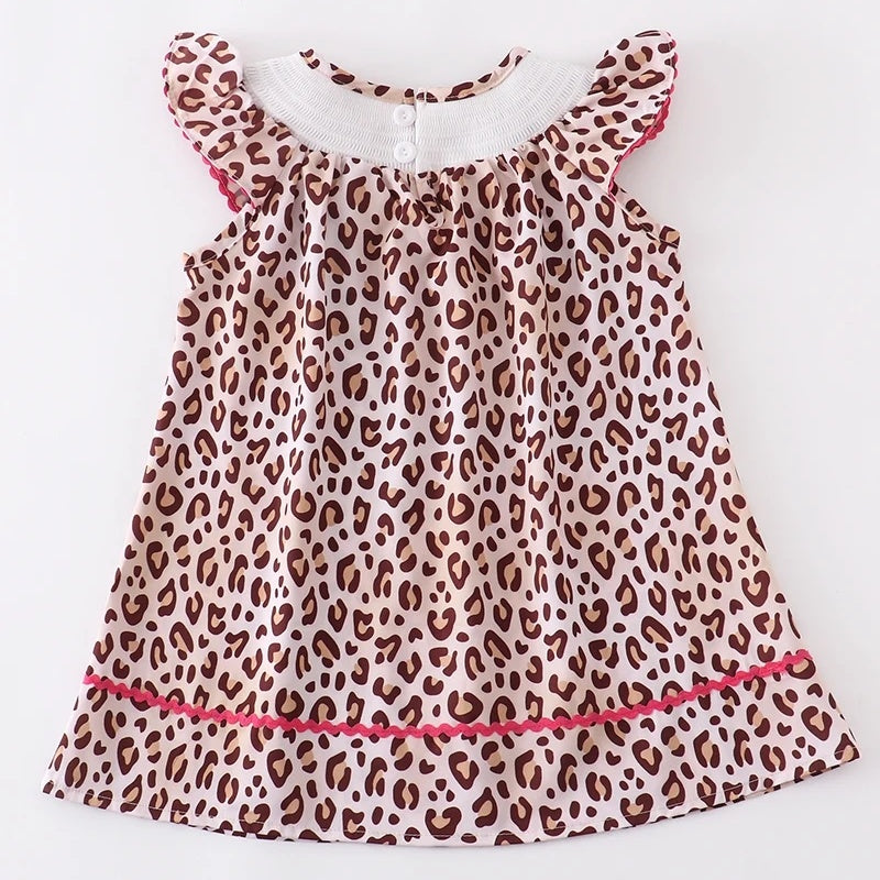 Leopard Embroidery Smocked Dress