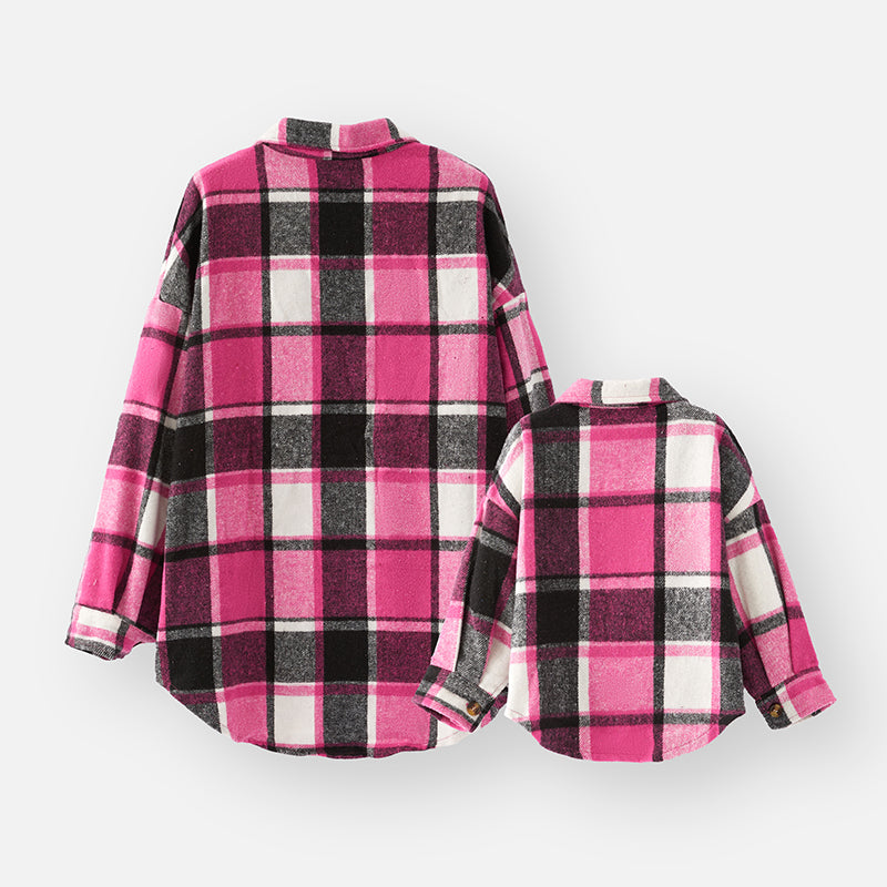 （In Stock L19-2-1 L18-1-2）Mommy and Me Fall Hot Pink Plaid Shirt