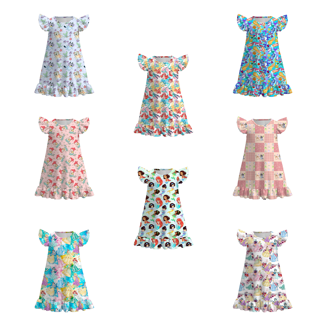 （Pre Order）Girls Summer Cartoon Print Ruffled Dress Pajamas