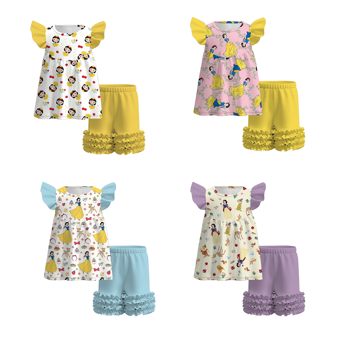 （Pre Order）Girls Summer Snow White Print Ruffled Flying Sleeve Short Set