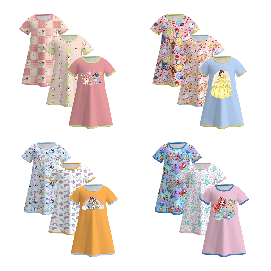 （Pre Order）Girls Summer Cartoon Print 3 Pieces Pajamas Dresses