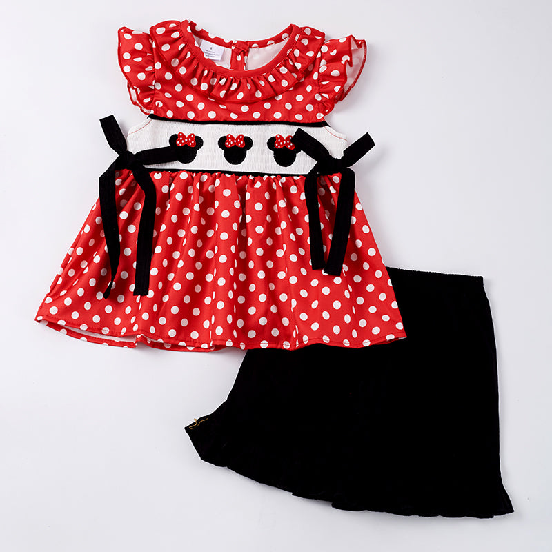 (In Stock Q09-01-01)Girls Red White Dot Embroidery Smocked Shorts Set