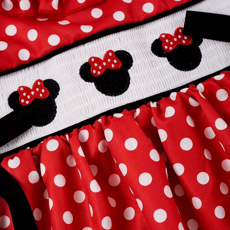 (In Stock Q09-01-01)Girls Red White Dot Embroidery Smocked Shorts Set