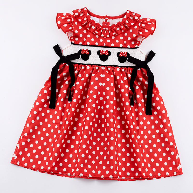 Girls Red White Dot Embroidery Smocked Dress