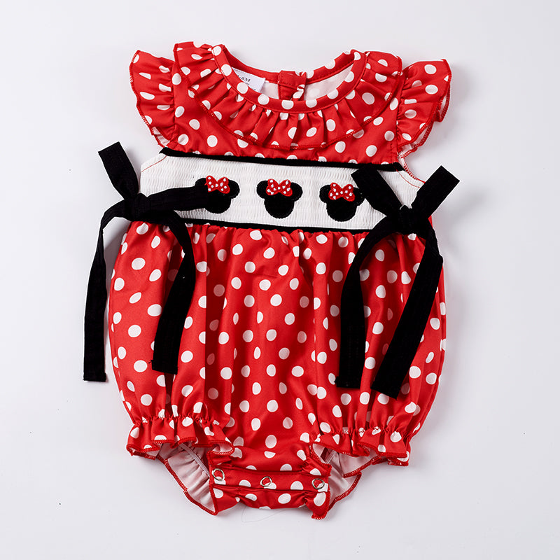 （In Stock Q6-3-2）One Pack(6 Pieces total) Sale Girls Red White Dot Embroidery Smocked Romper