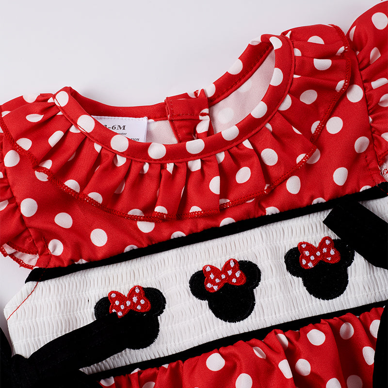 (In Stock Q06-01-01)Girls Red White Dot Embroidery Smocked Romper