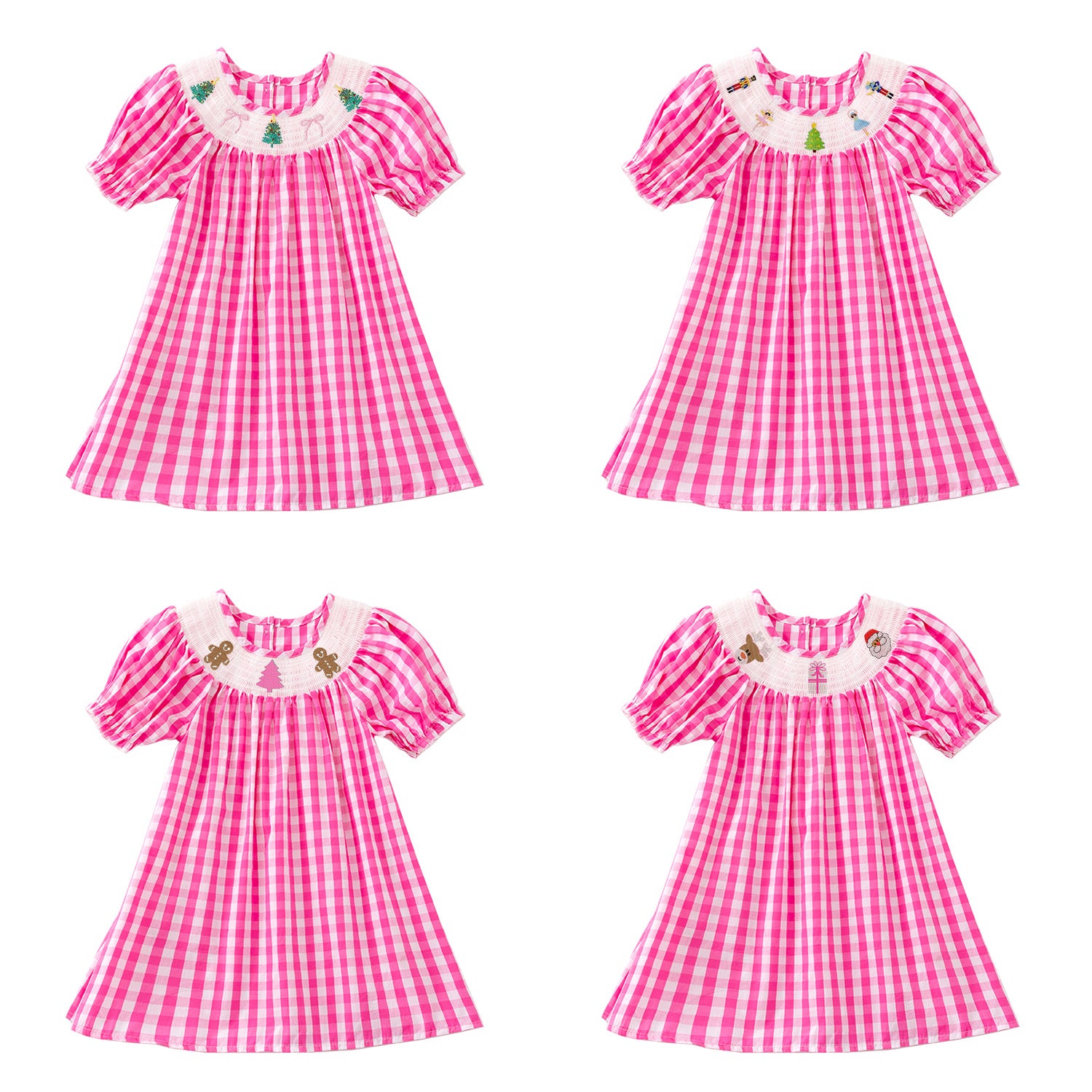 （Pre Order）Girls Pink Plaid Christmas Embroidery Smocked Dress