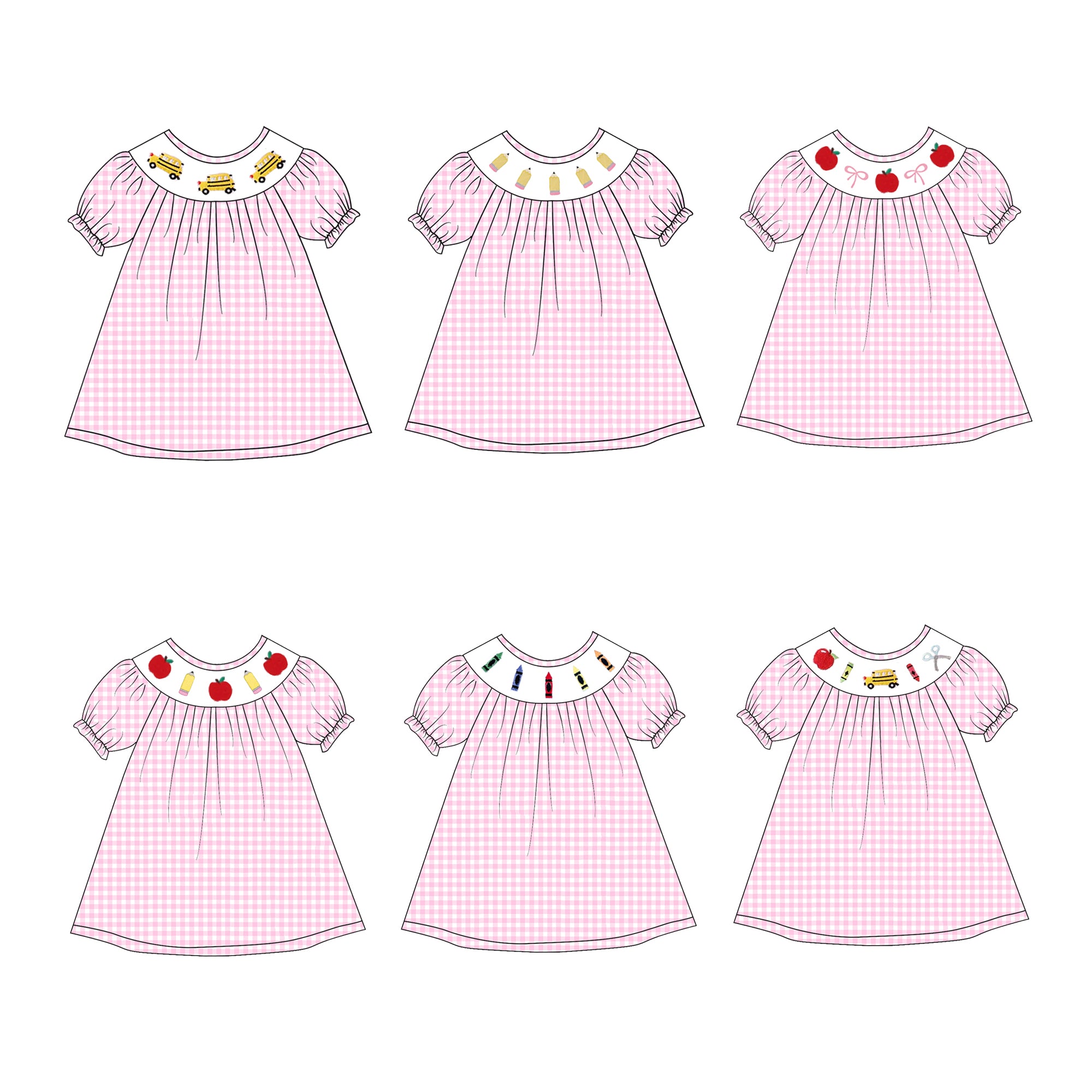 （Pre Order）Girls Pink Plaid Back To School Embroidery Smocked Dress