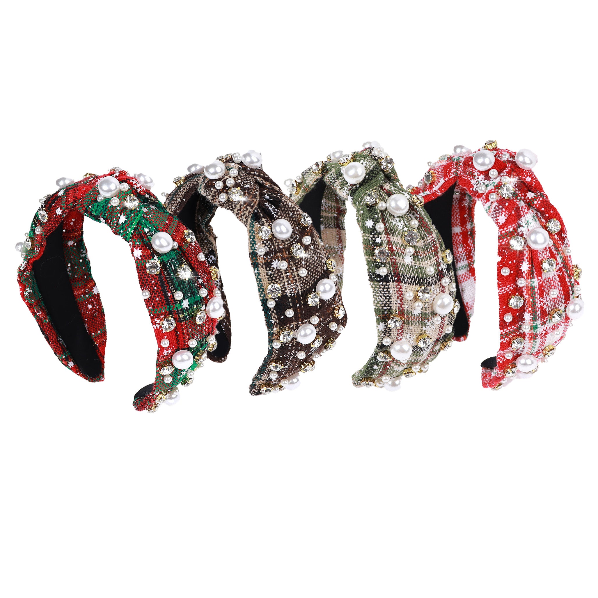 （Pre Order）Stylish Christmas Pearl Rhinestone Plaid Headband