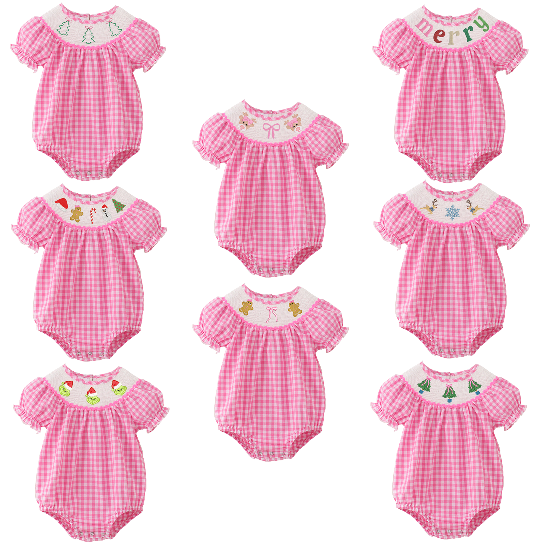 （Pre Order）Baby Girls Pink Plaid Christmas Embroidery Smocked Romper