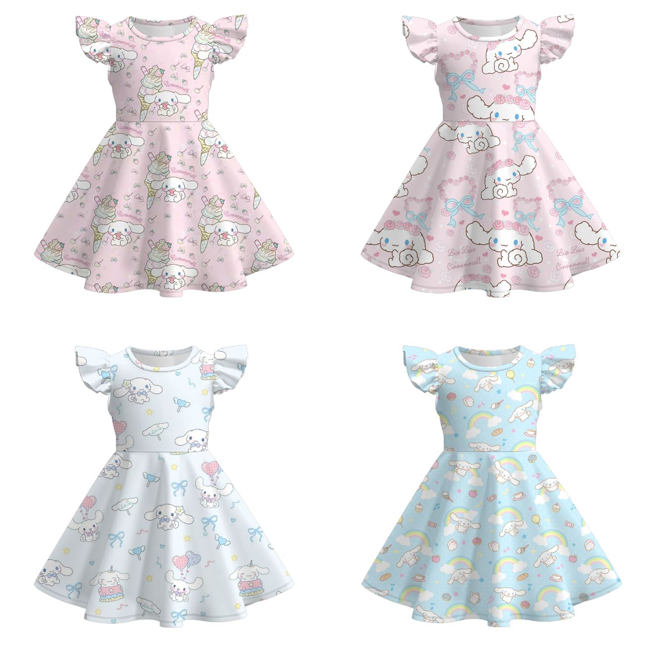 （Pre Order）Girls Spring and Summer Cartoon Print Flying Sleeves Dress