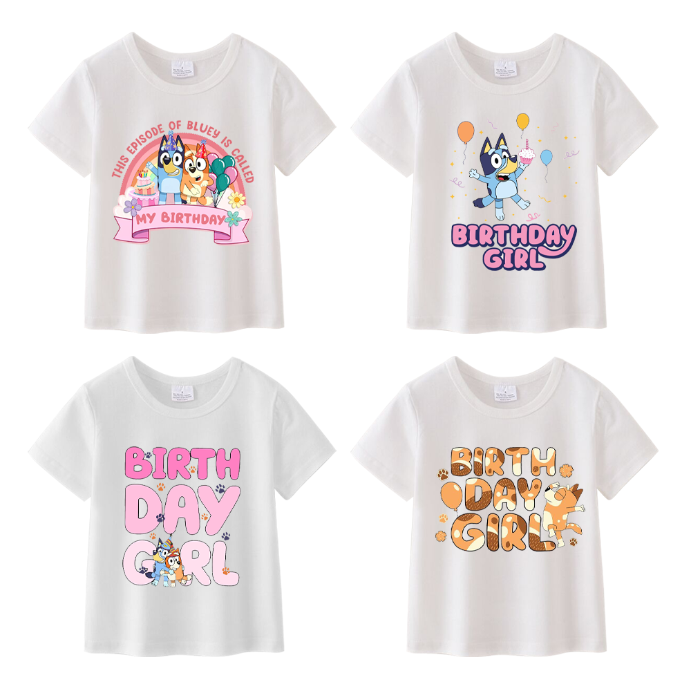 （Pre Order）Girls Cotton Birthday Cartoon Print White T-shirt