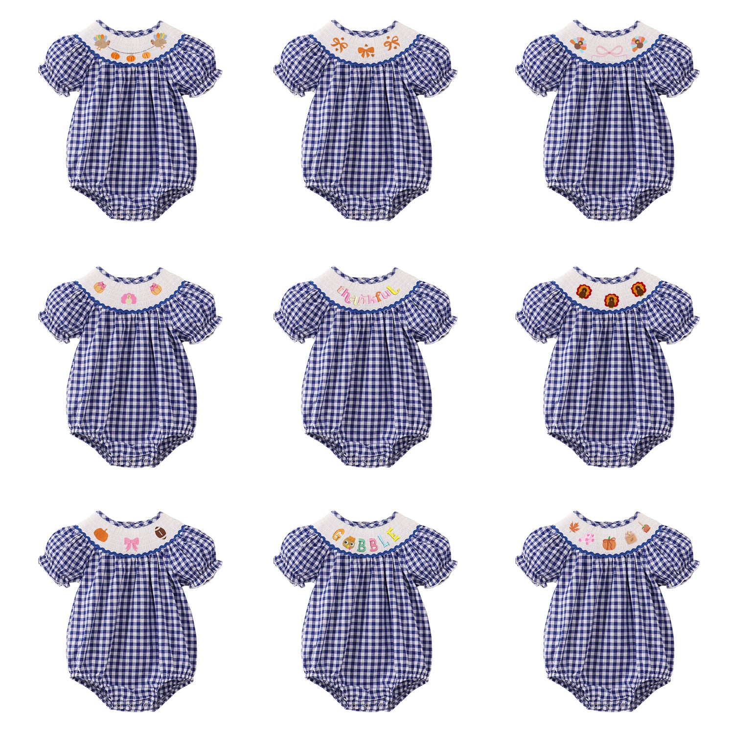 （Pre Order）Baby Girls Blue Plaid Thanksgiving Embroidery Smocked Romper