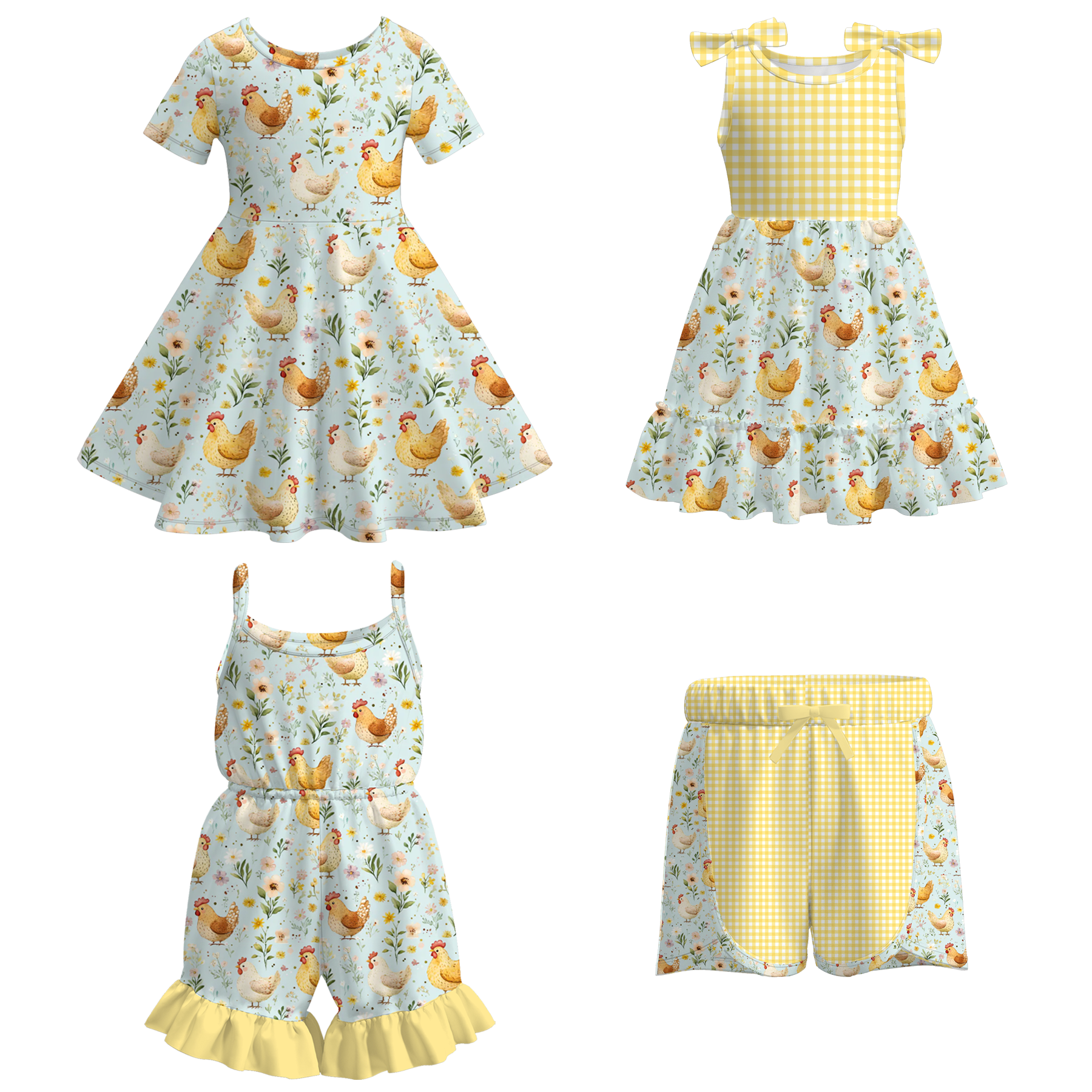 （Pre Order）Girls Spring and Summer Farm Print Dress,Shorts and Jumpsuit