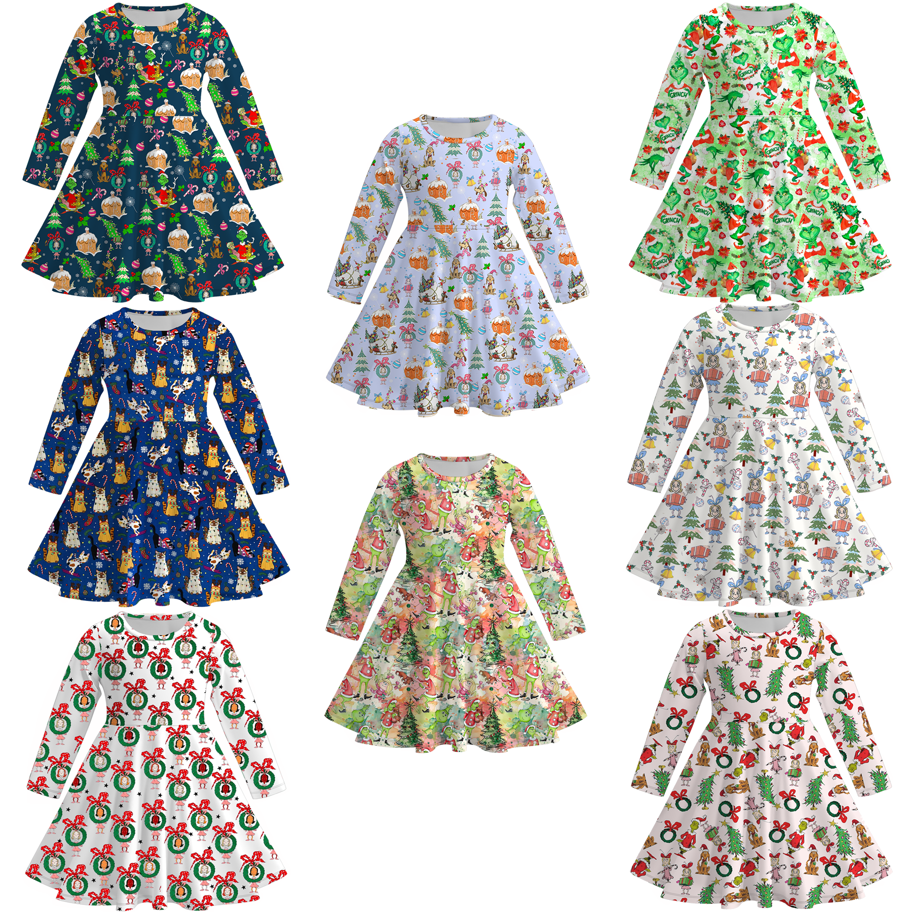 （Pre Order）Girls Christmas Cute Cartoon Print Dress